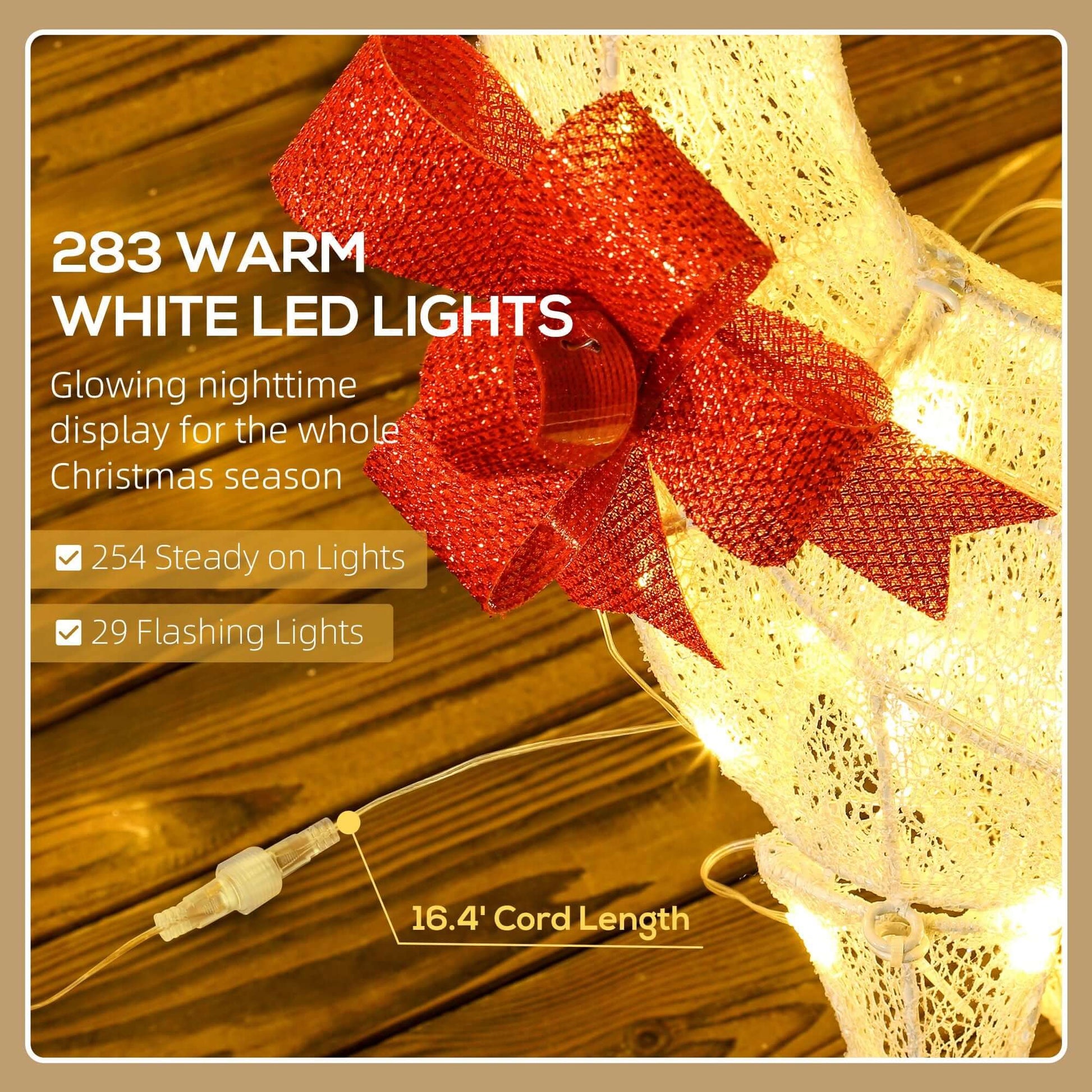 Close-up of Christmas Deer Decorations featuring warm LED lights and a red bow.
