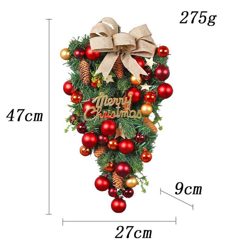 Christmas Upside Down Tree Hanging Window Decor with bow and ornaments, dimensions 47x27x9 cm, unique holiday decoration.
