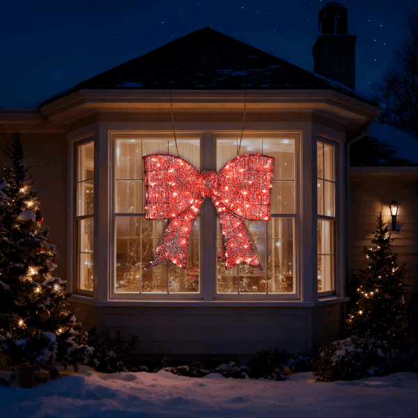 Pre Lit Outdoor Giant Bowknot Christmas Decoration with 124 LED Lights displayed on a house, creating a festive holiday ambiance.