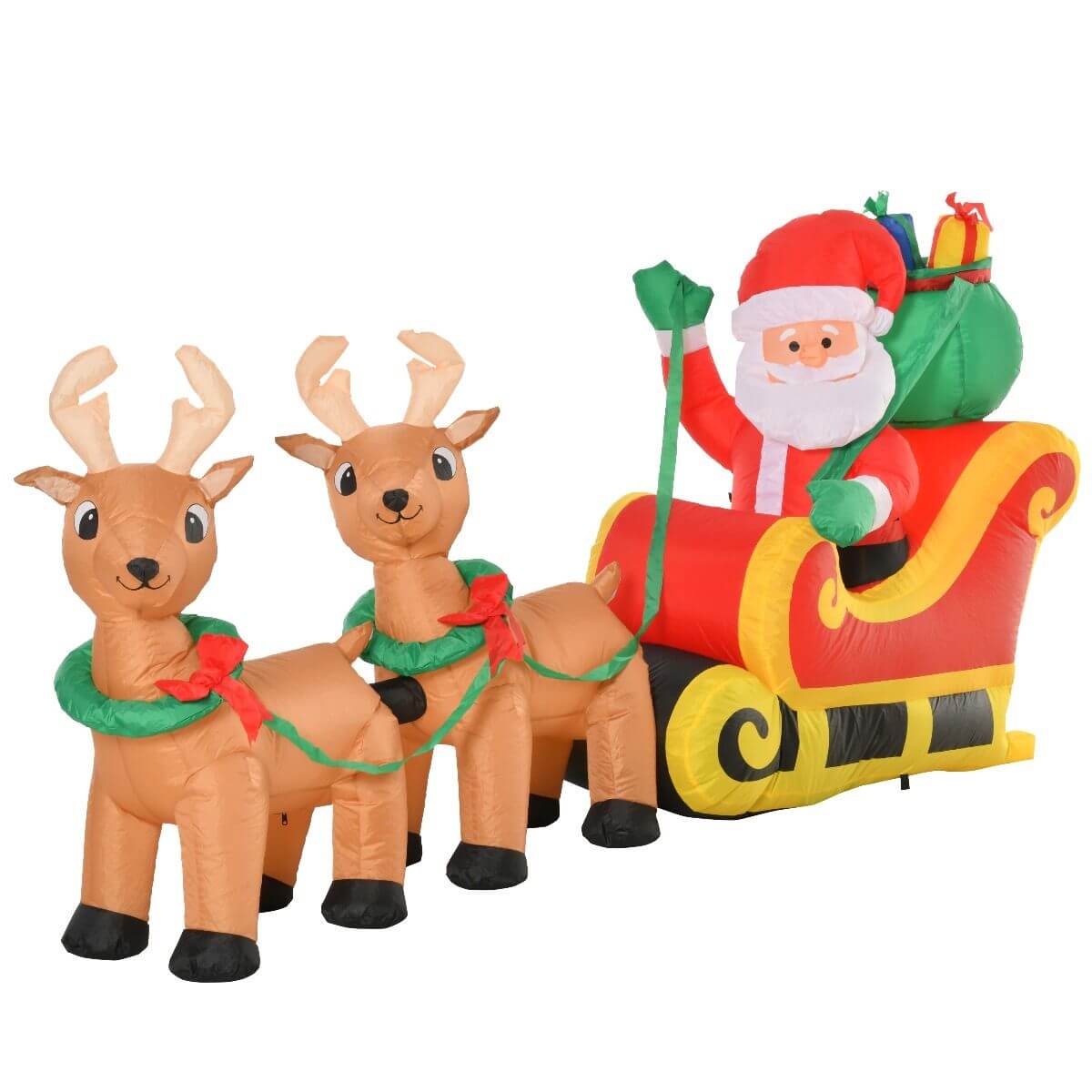 Christmas Inflatable Santa Claus with Sleigh featuring LED lights, reindeer, and colorful sleigh for outdoor holiday decorations.