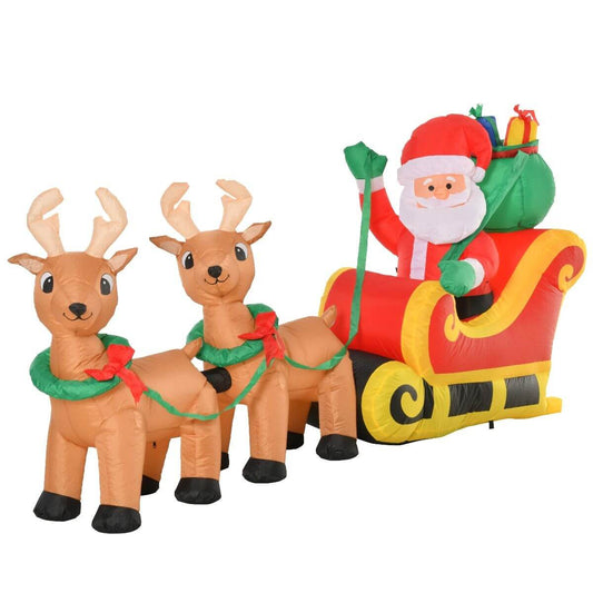 Christmas Inflatable Santa Claus with Sleigh featuring LED lights, reindeer, and colorful sleigh for outdoor holiday decorations.