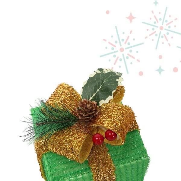 Green gift box with LED60 Light Warm White Christmas Gift Box decoration featuring gold ribbon and festive embellishments.