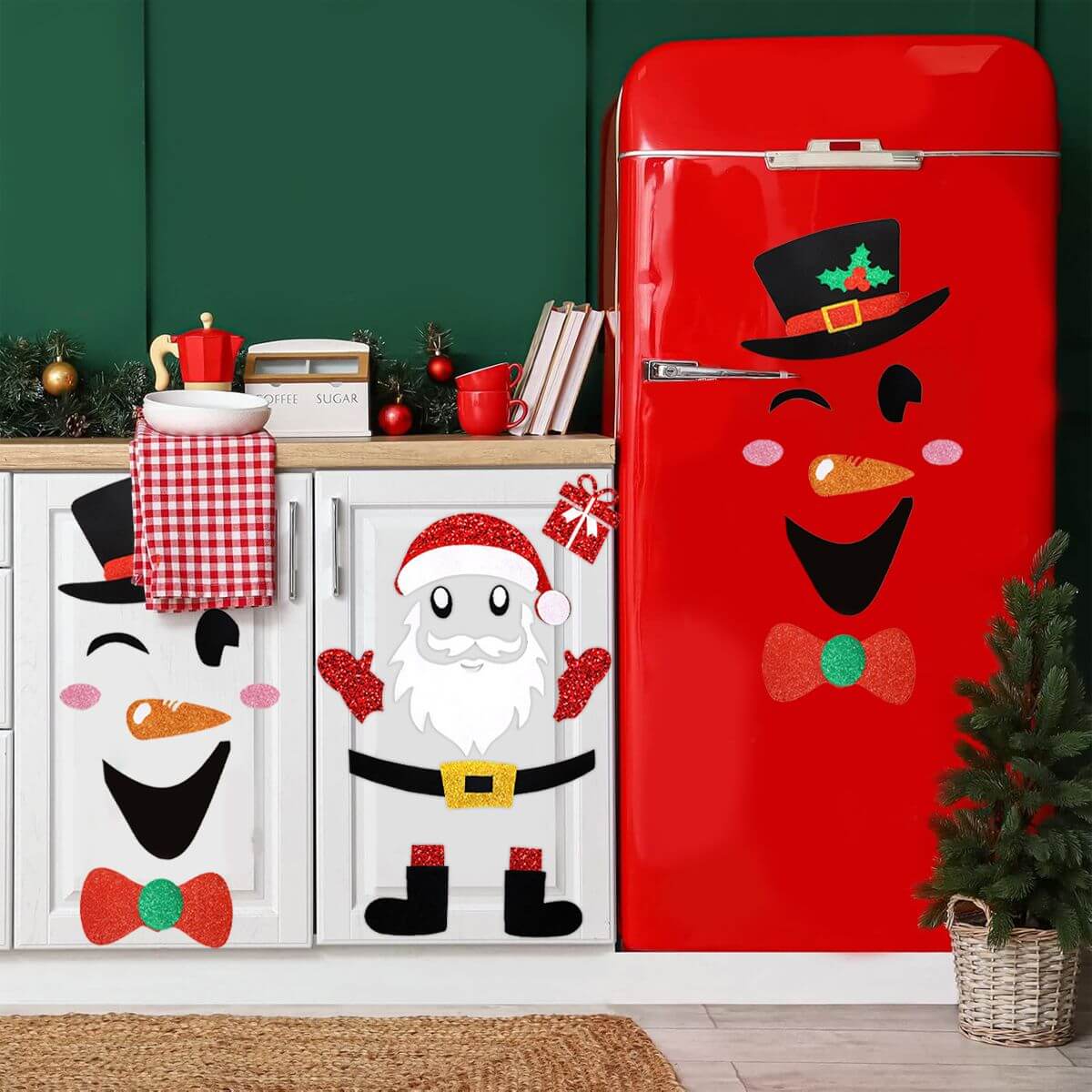 Christmas Door Stickers featuring Santa Claus and Snowman Felt Wall Decals in a festive kitchen setting.