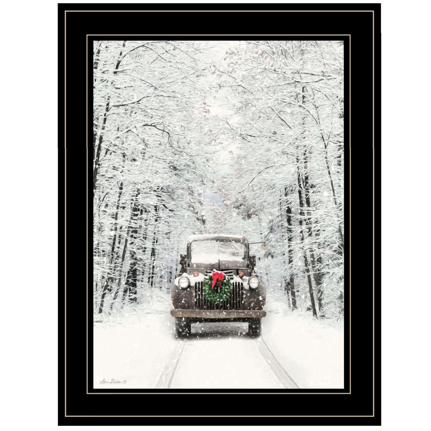 Trendy Decor 4U Antique Christmas Framed Wall Art featuring a vintage truck in a snowy winter scene by Lori Deiter.