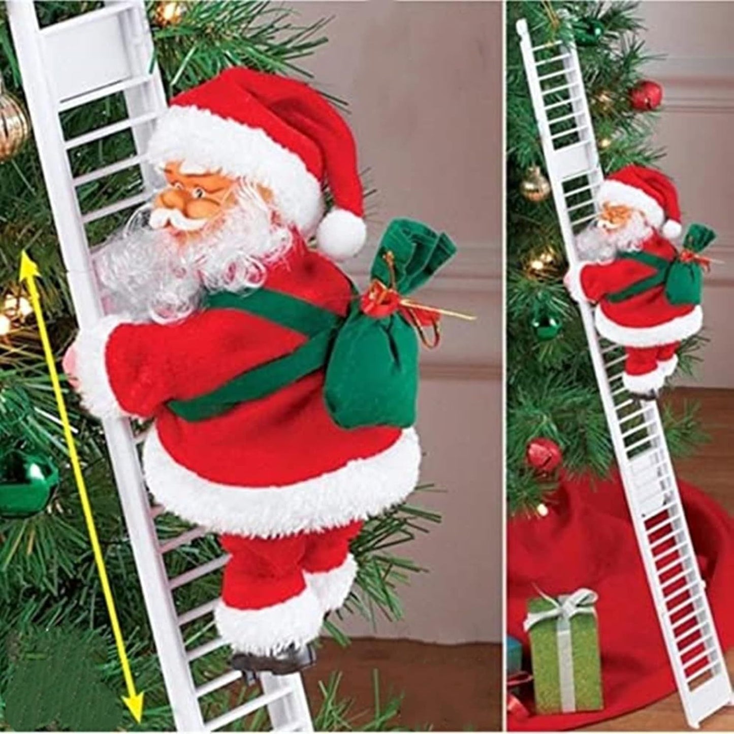 Christmas Electric Climbing Santa on ladder with LED lights, perfect for festive tree decoration and holiday ambiance.