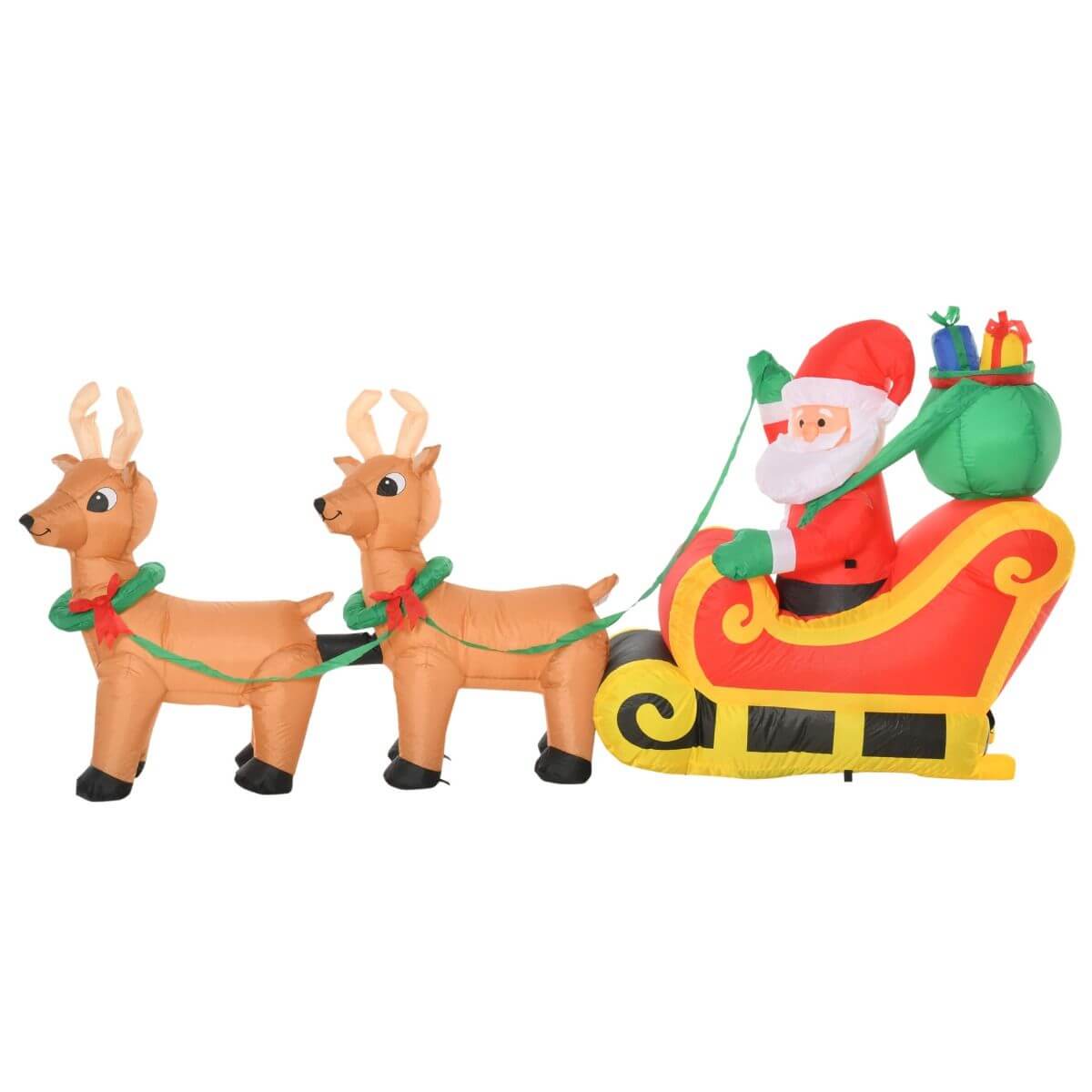Christmas Inflatable Santa Claus with Sleigh featuring LED lights, perfect for outdoor holiday decorations, shown with reindeer.