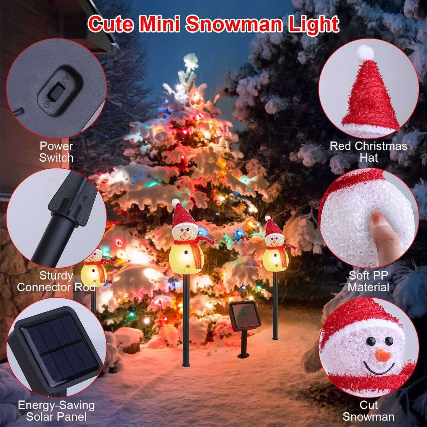 Solar Powered Christmas Lamp with 3 snowmen garden stake, waterproof IP55, festive decoration for outdoor pathway and yard.