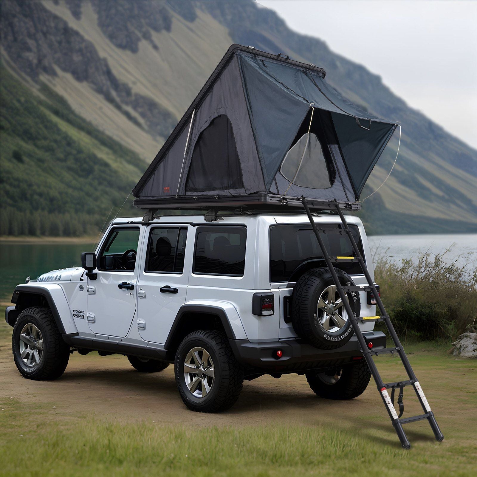 VEVOR rooftop tent for 2-3 people on a Jeep, showcasing easy-to-setup inflatable poles and ladder, ideal for SUV or truck outdoor adventures.