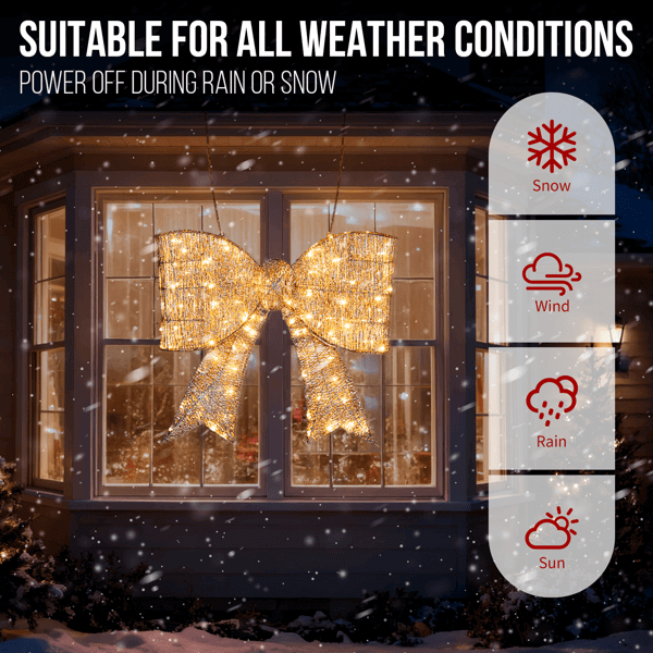 Pre lit Outdoor Giant Bowknot Christmas Decoration with 124 LED lights in snow and wind conditions, ideal for holiday display.