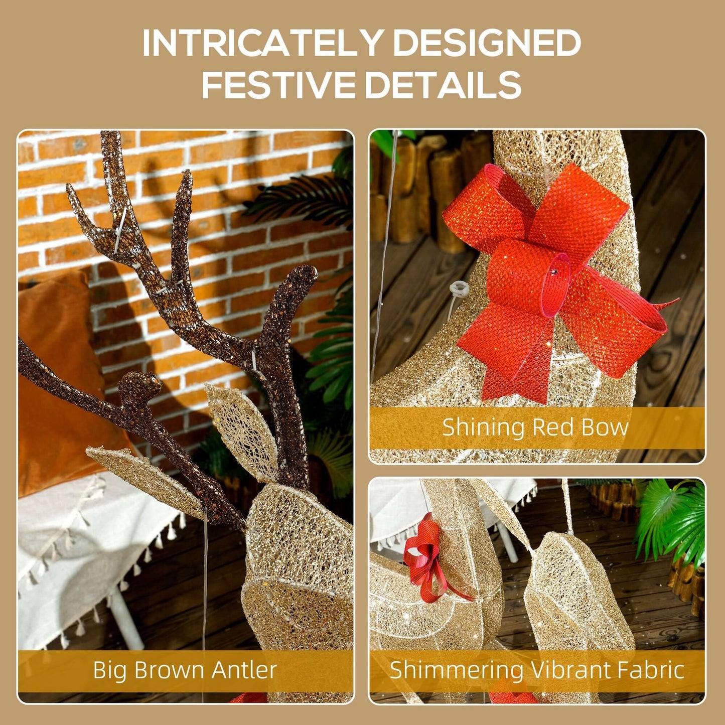 Close-up of Christmas Deer Decorations with big brown antlers, shining red bows, and shimmering vibrant fabric.
