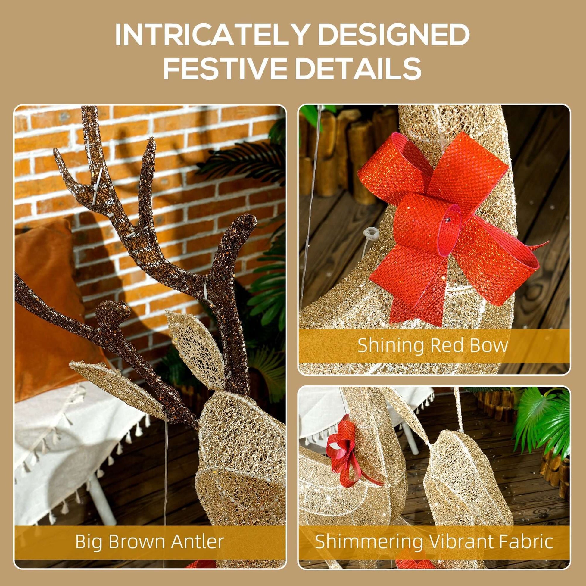 Close-up of Christmas Deer Decorations with big brown antlers, shining red bows, and shimmering vibrant fabric.