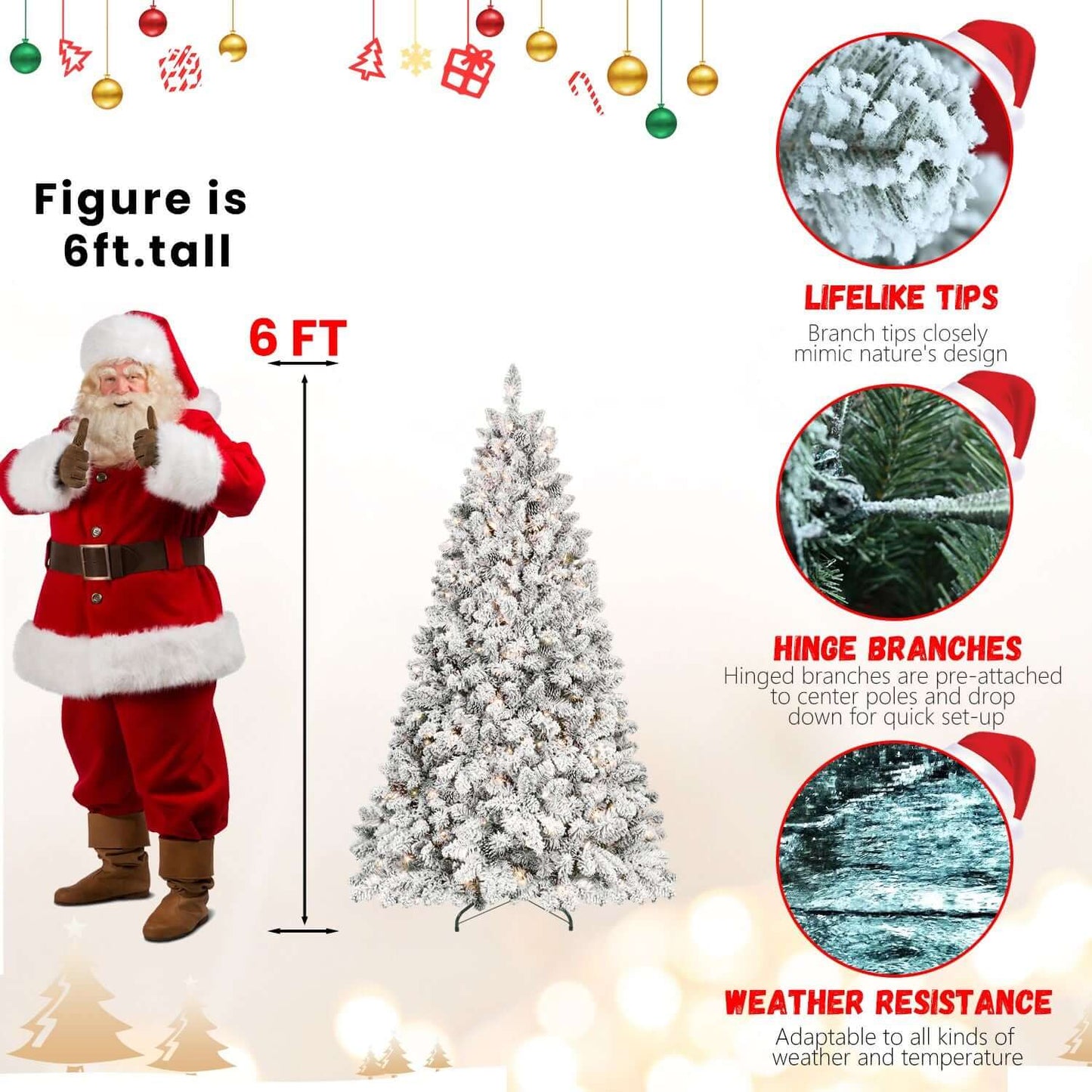 Flocked Christmas Tree with Lights, 7ft tall, shown with Santa for scale, features lifelike tips, hinge branches, and weather resistance.