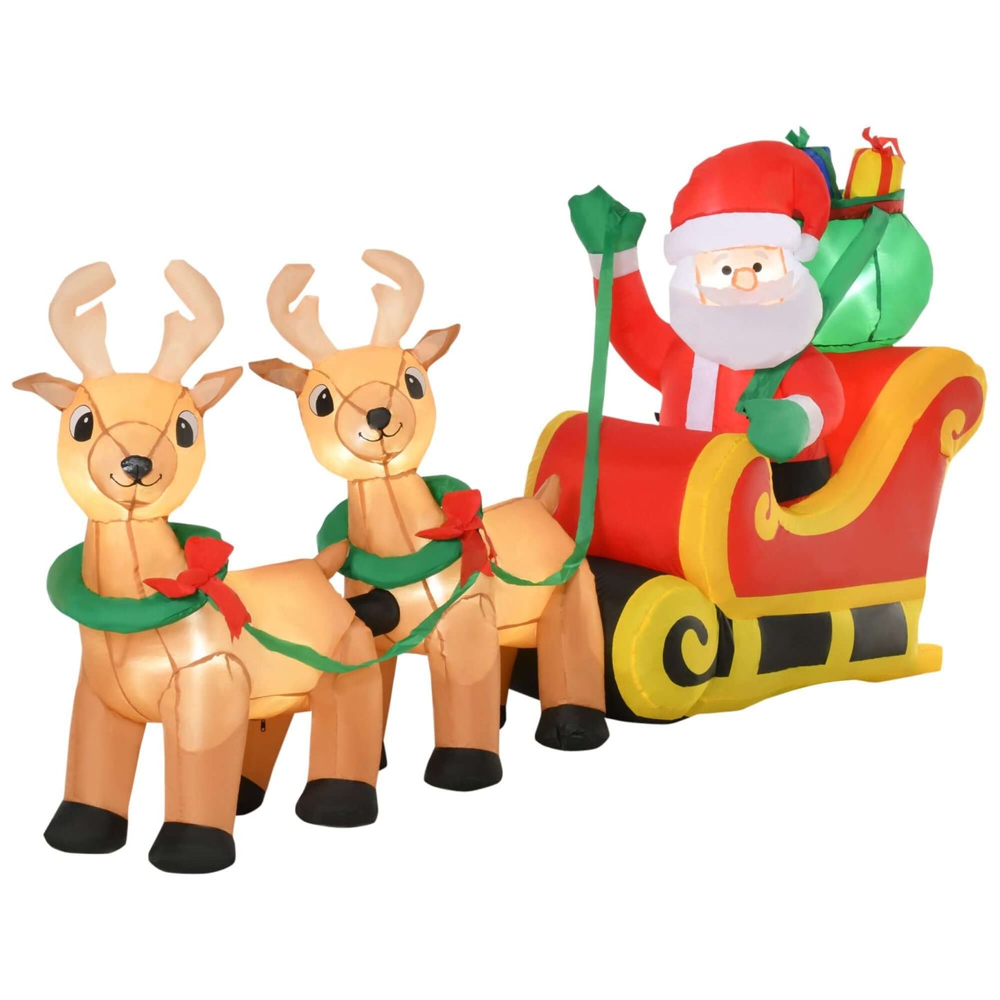 Christmas Inflatable Santa Claus with Sleigh featuring LED lights and reindeer for festive outdoor decor, 8ft long.