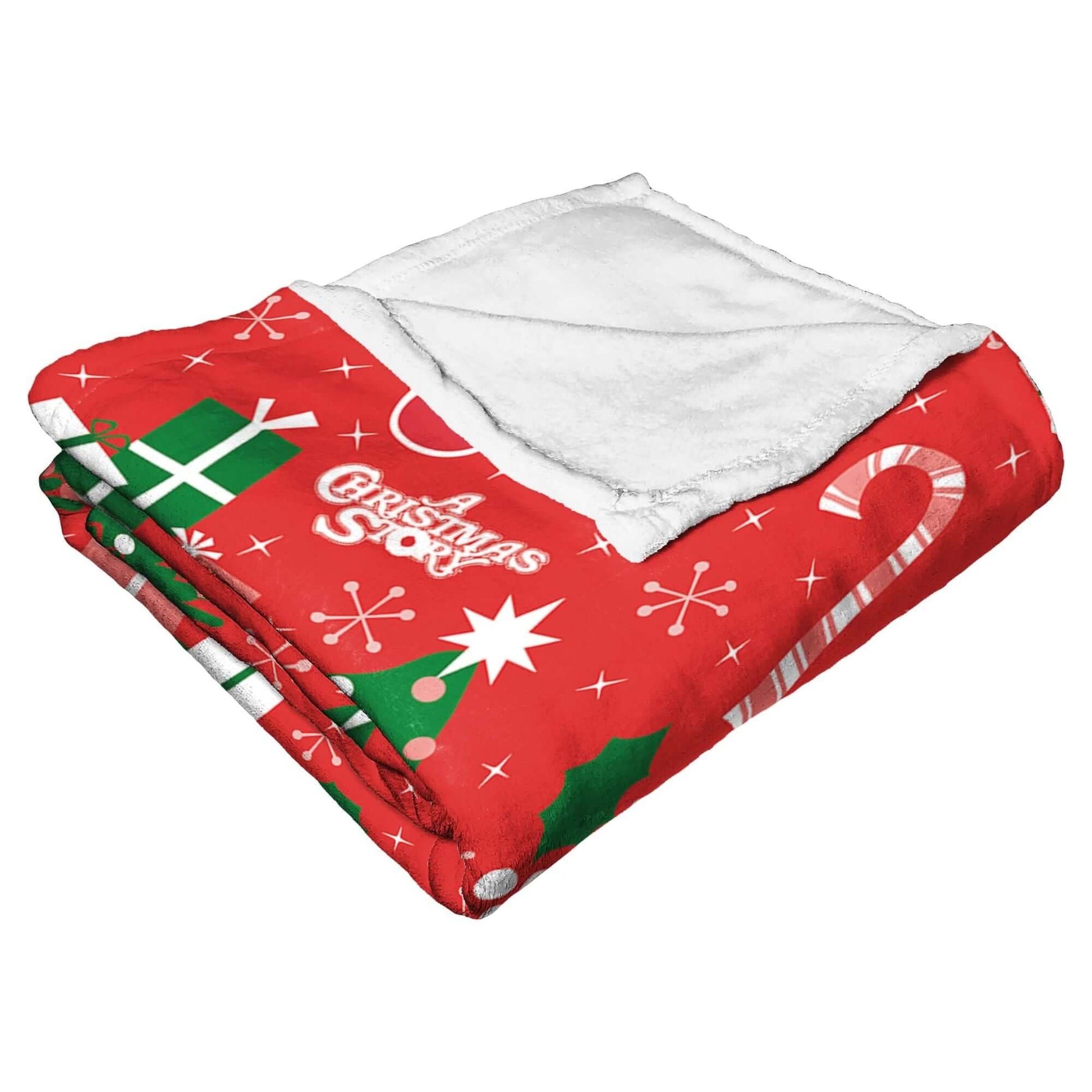 A Christmas Story Silk Touch Throw Blanket 50x60 with holiday-themed design featuring snowflakes, candy canes, and presents.