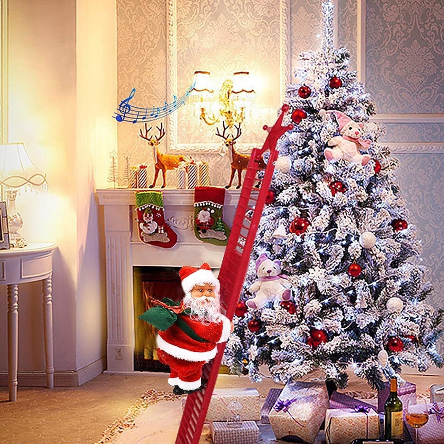 Christmas Electric Climbing Santa with music climbing ladder near Christmas tree and stockings by fireplace