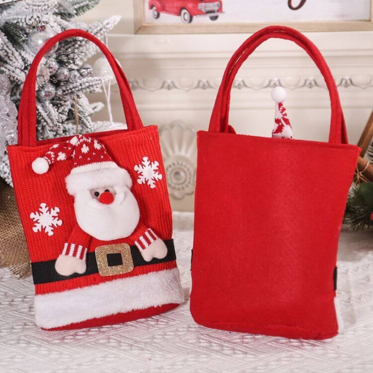 Christmas Candy Tote Bag for Kids with Santa design, perfect for holiday treats and gifts, featuring bright colors and comfortable handles.