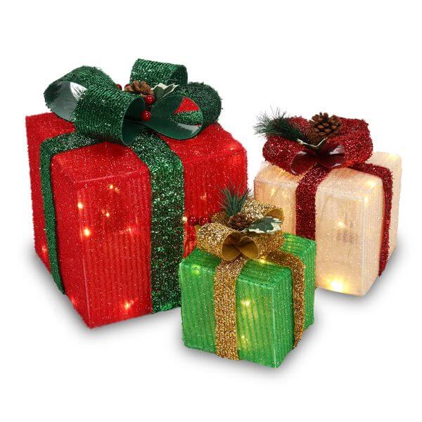 LED60 Light Warm White Christmas Gift Box - 3-Piece Set with festive red, green, and white glowing boxes for indoor and outdoor decor.