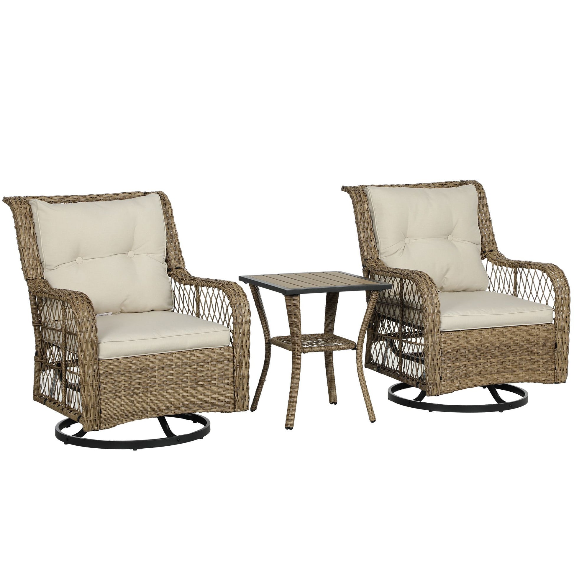 Outsunny 3 Piece Outdoor Bistro Set with beige wicker swivel glider chairs and 2-tier table for patio, balcony, or porch