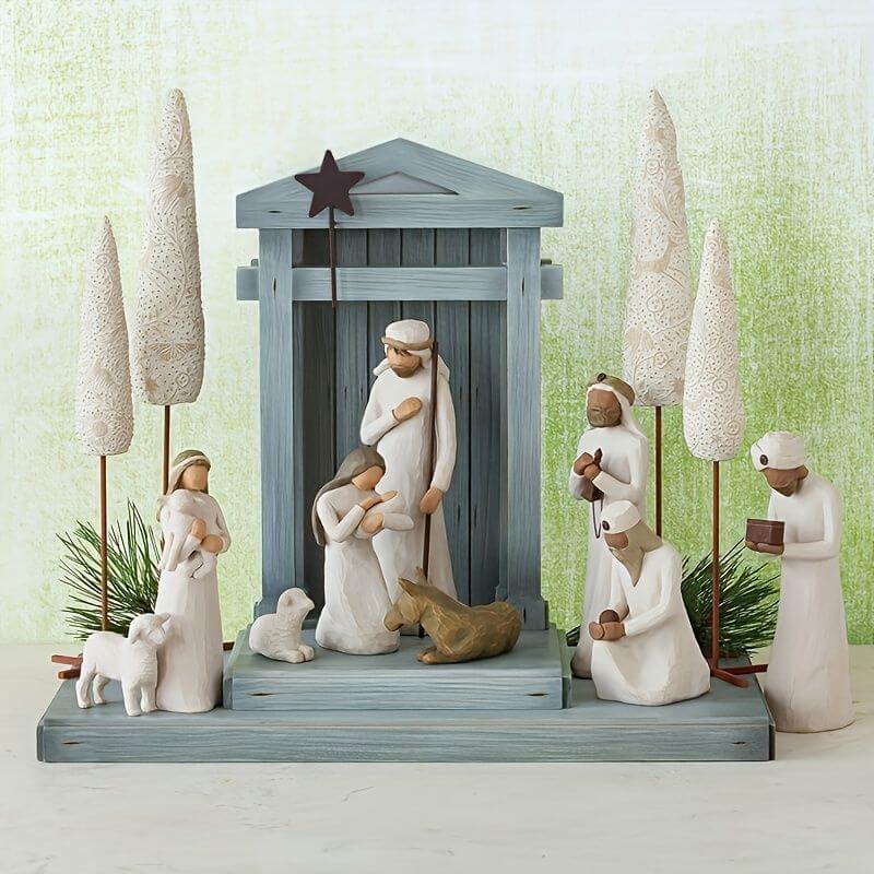 Nativity Figurine Hand Painted set with detailed characters and scenery, perfect for Christmas holiday decor and gifting.