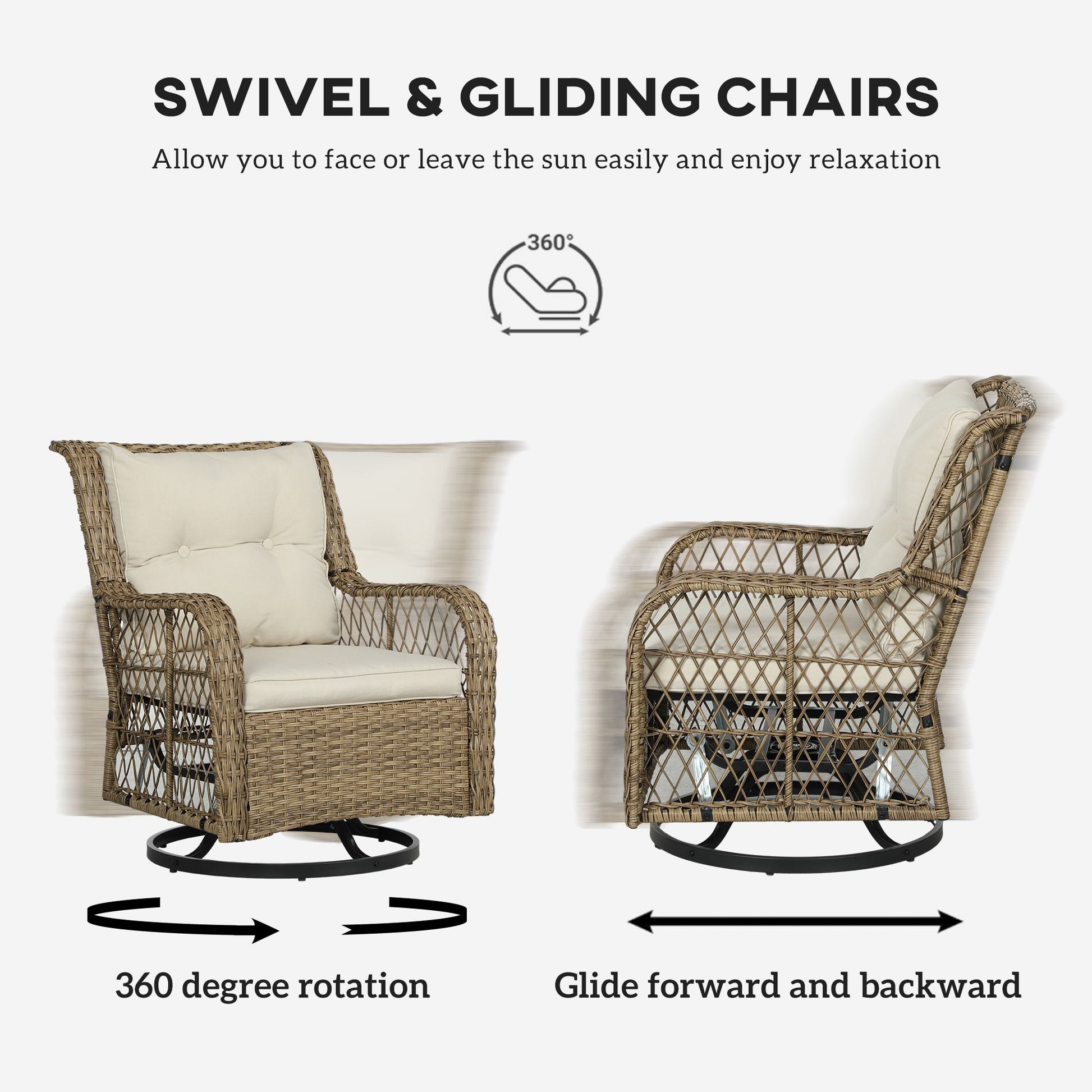 Outsunny wicker glider chairs with 360-degree swivel, beige cushions, ideal for patio or balcony comfort and relaxation.