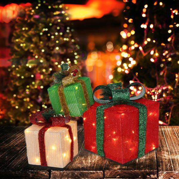 LED60 Light Warm White Christmas Gift Box 3-Piece Set with glowing LED lights, perfect for festive home decor, indoor or outdoor use.