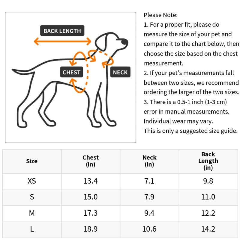 Size chart for Christmas Santa Claus Dog Hoodie Winter Jacket showing measurements in inches for chest, neck, and back length.