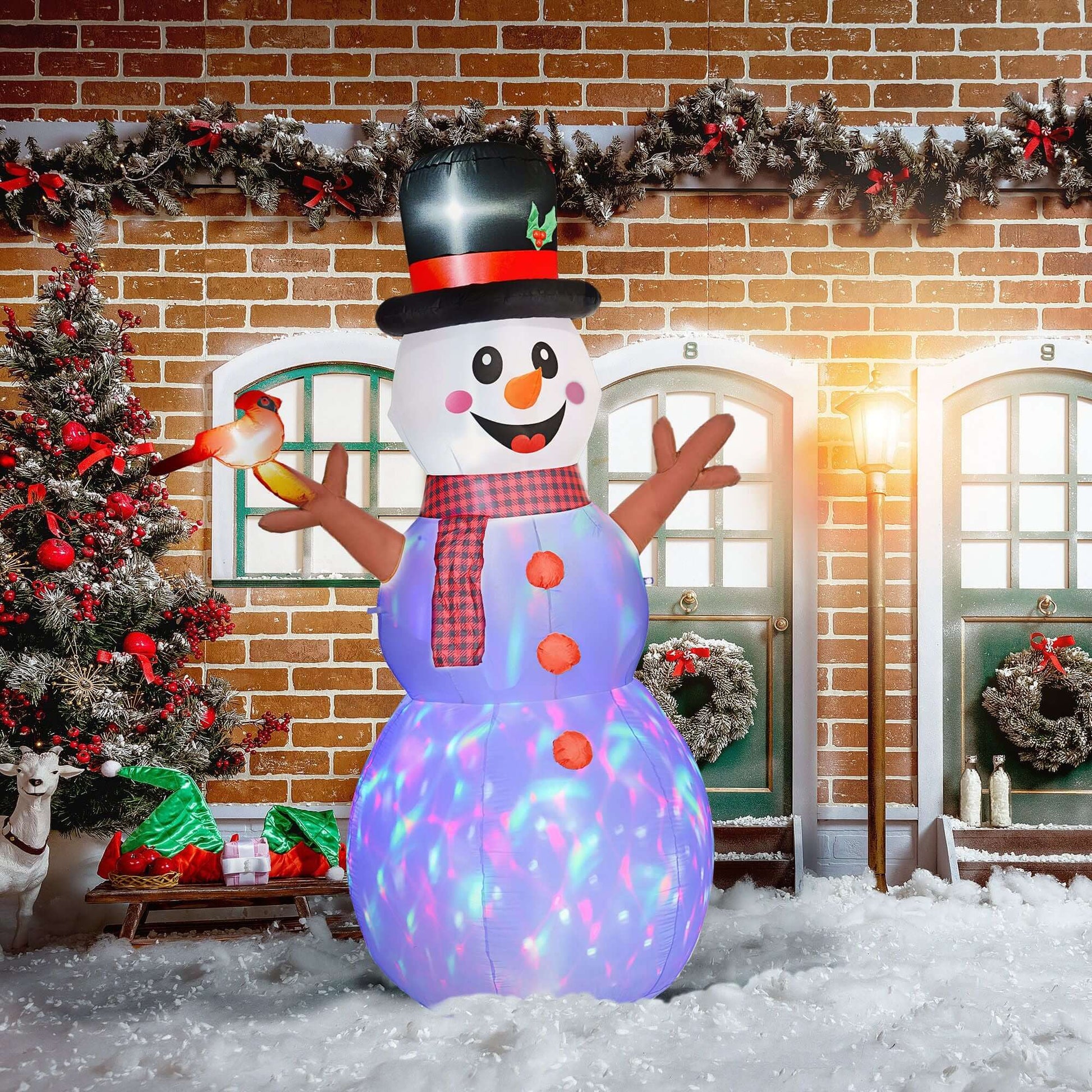 Inflatable Snowman - 8ft Christmas Blow Up with LED Lights in festive outdoor setting at night