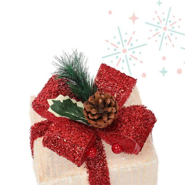 Festive LED60 Light Warm White Christmas Gift Box with red ribbon and pine cone decoration, part of a 3-piece set.
