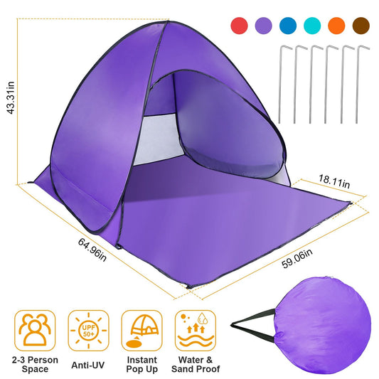 Purple pop up beach tent with anti-UV protection and waterproof canopy, fits 2-3 people, includes net window and storage bag.