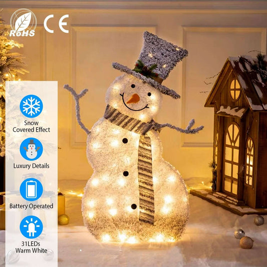 LED Christmas Snowman Decoration Light Battery in festive winter scene with warm glowing lights and snow effect.