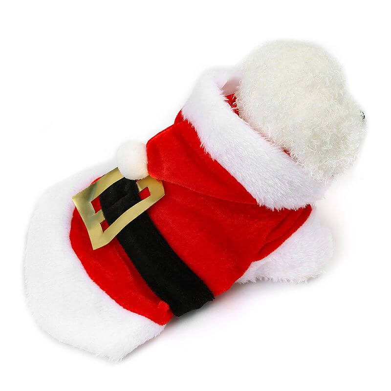 Christmas Santa Claus Dog Hoodie Winter Jacket for small medium dogs, red pet jacket with white trim, festive pet costume.