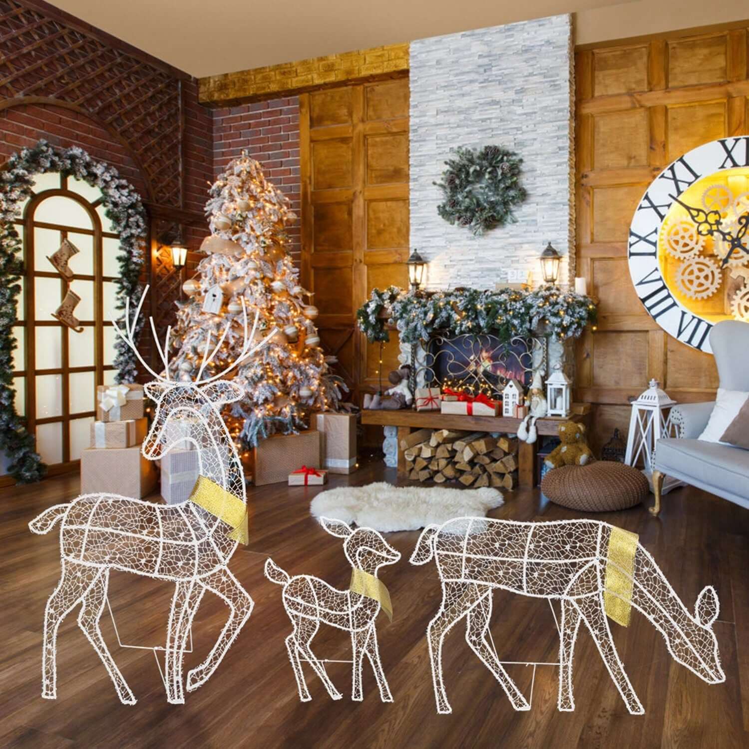 Festive room with Reindeer Family Lighted Christmas Deer Decoration set of buck, doe, and fawn featuring warm lights for holiday ambiance.
