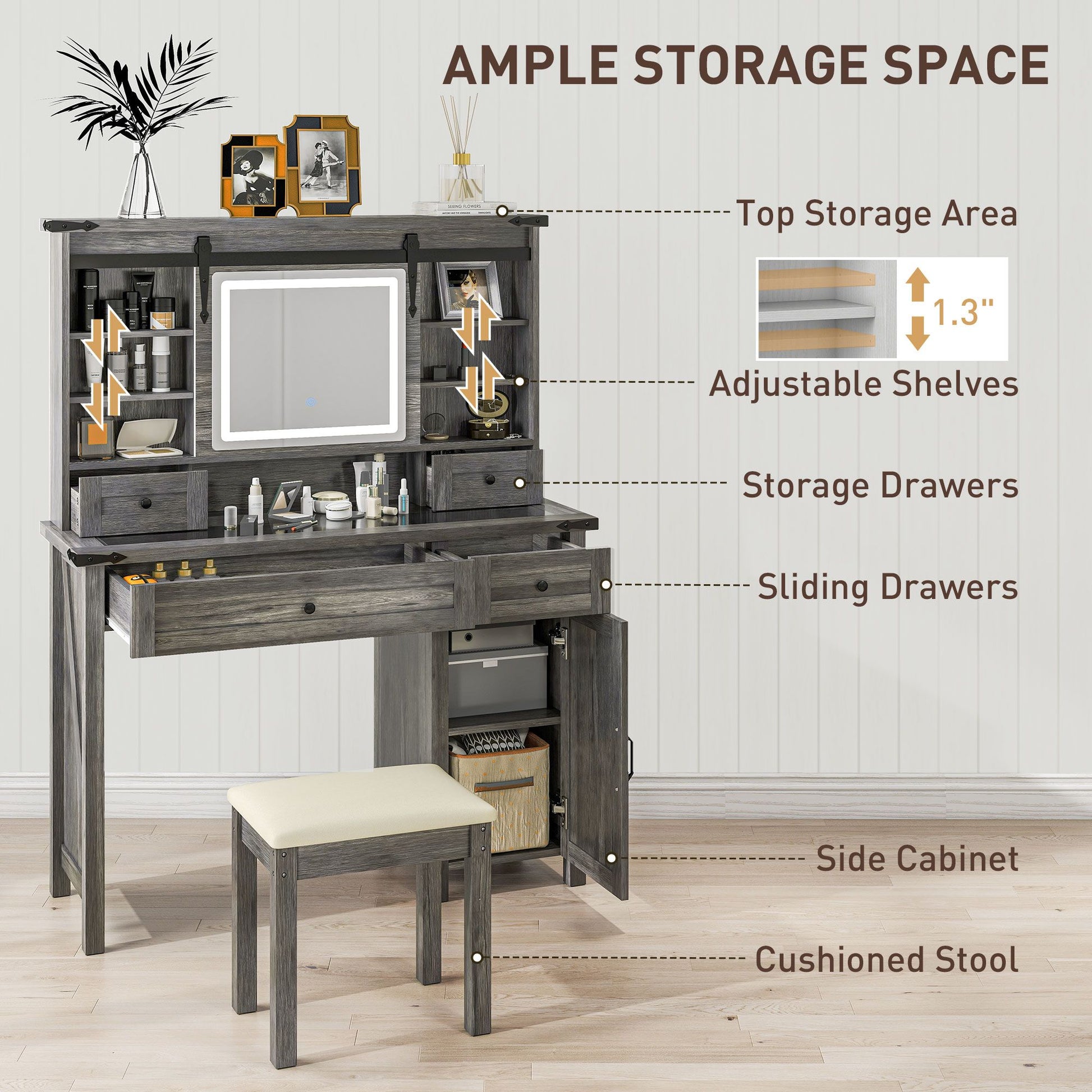 HOMCOM Vanity Desk Set with Mirror and Lights, featuring shelves, drawers, cabinet, and cushioned stool for organized makeup storage.