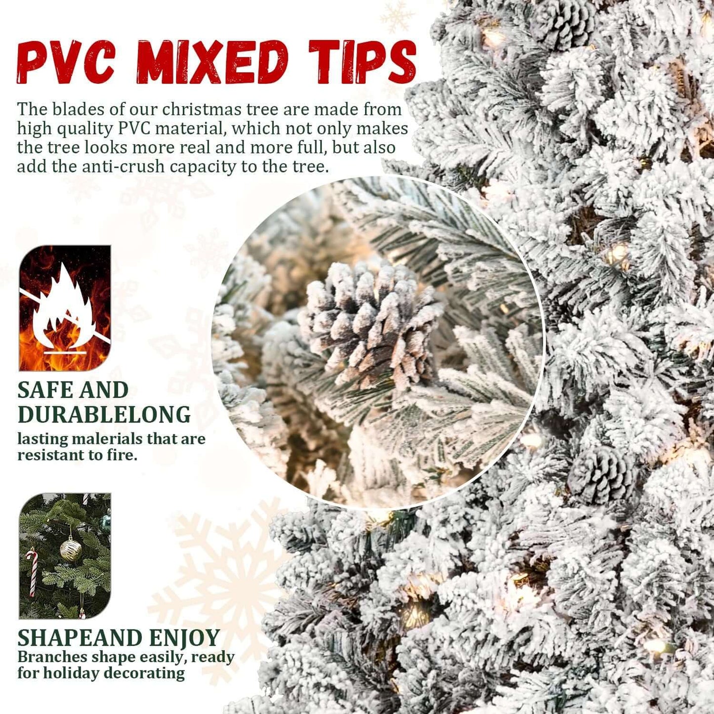 Flocked Christmas Tree with Lights featuring PVC mixed tips and pine cones, highlighting durability and shape flexibility.