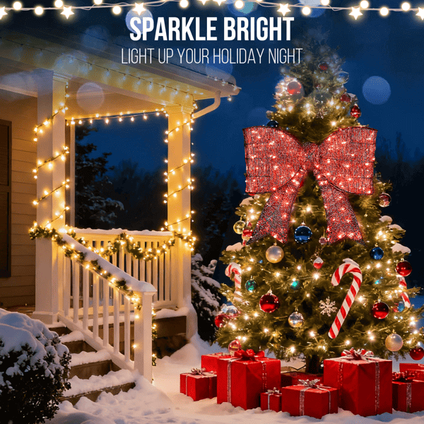 Festive home decorated with Pre Lit Outdoor Giant Bowknot Christmas Decoration and LED lights, featuring gifts and a wreath in the snow.