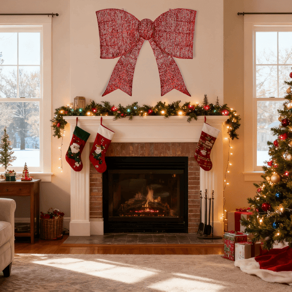 Alt Tag: Pre Lit Outdoor Giant Bowknot Christmas Decoration displayed on a festive fireplace with stockings and garland.