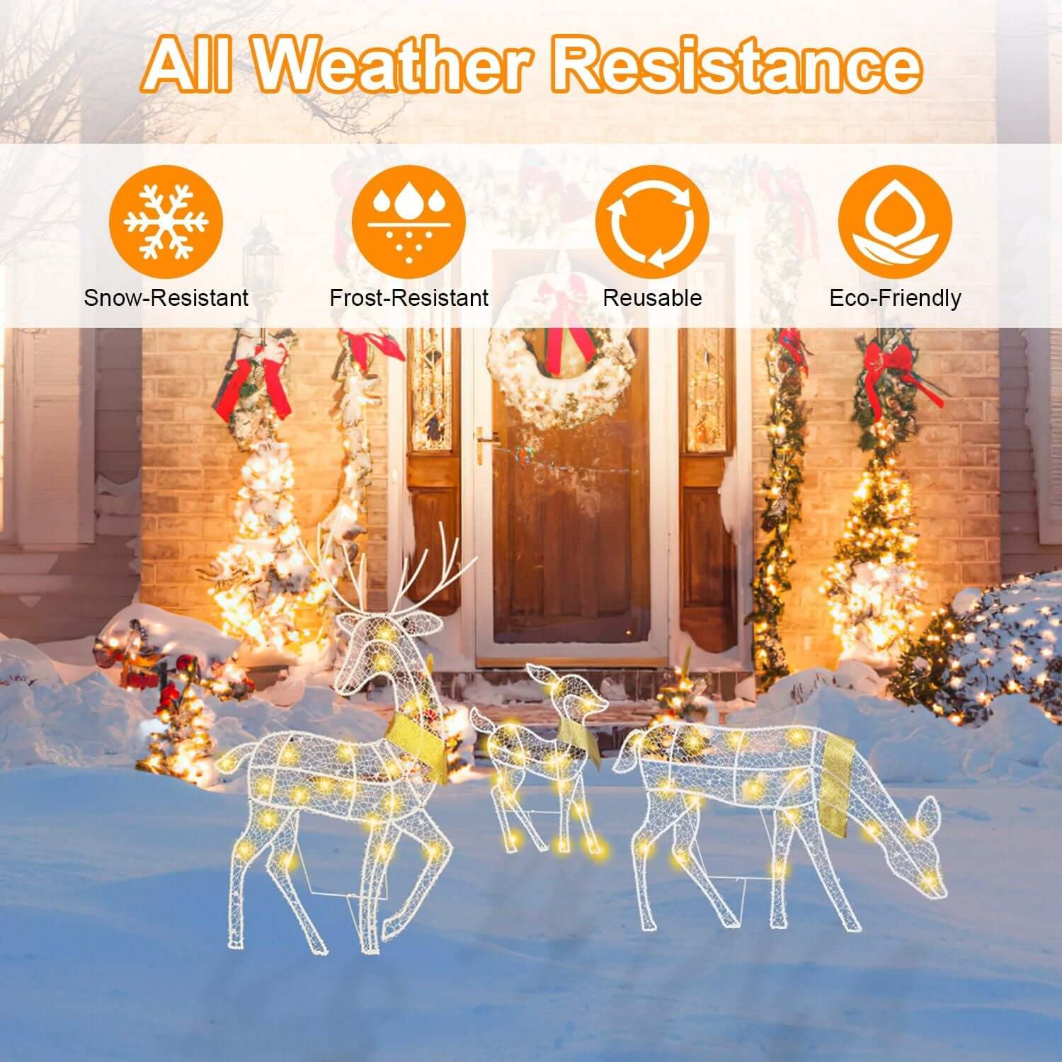 Reindeer Family Lighted Christmas Deer Decoration with all-weather resistance in snowy outdoor display.
