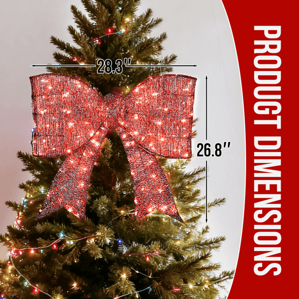 Pre Lit Outdoor Giant Bowknot Christmas Decoration on tree with dimensions 28.3” x 26.8” showing product size