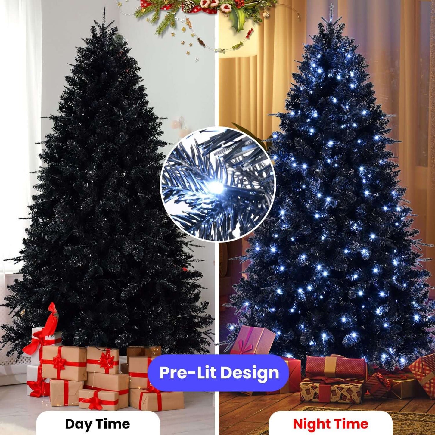 Black Christmas Tree with White LED Lights for day and night holiday decor, featuring pre-lit design with gifts underneath.