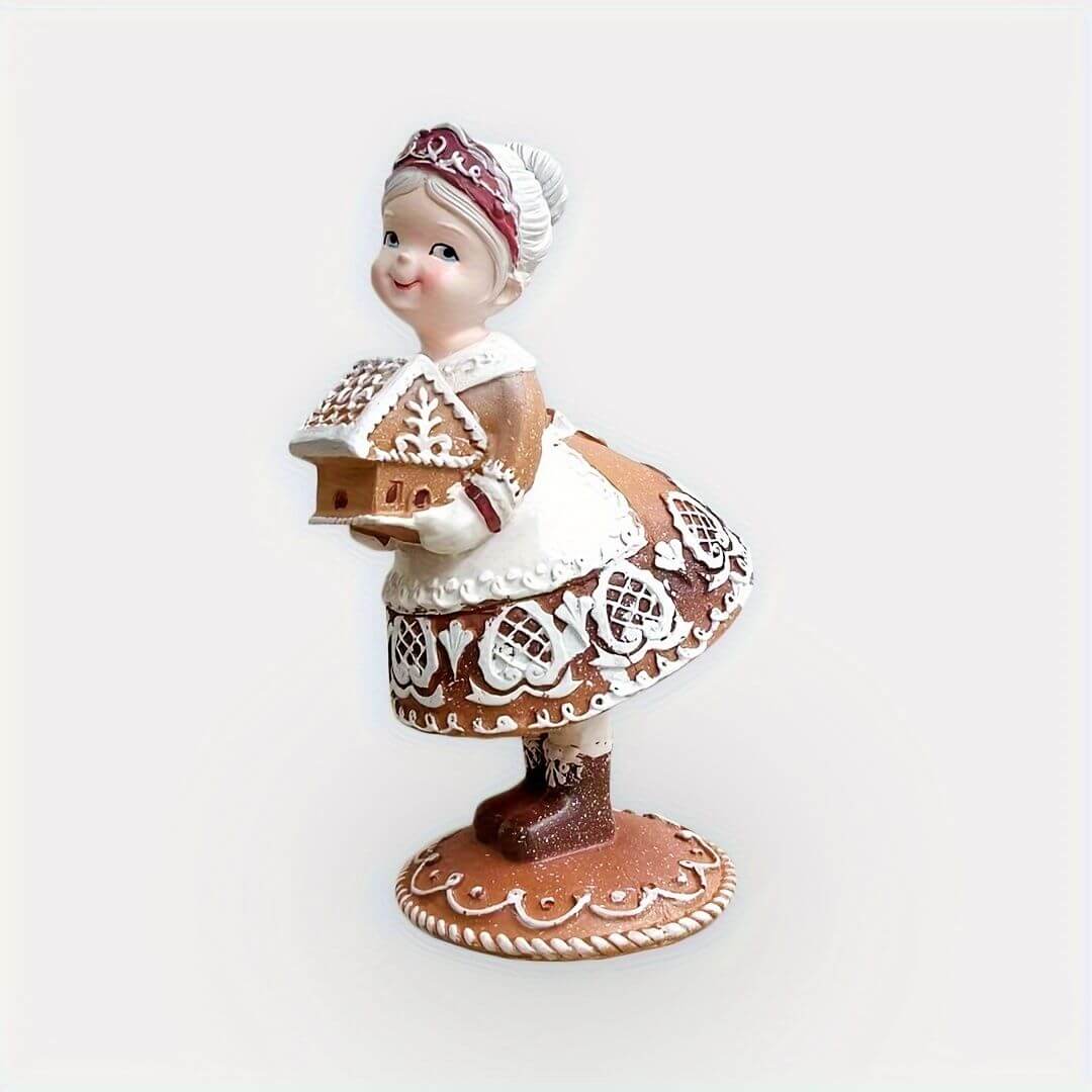 Small Ornament Couples Gifts Christmas Crafts resin figure of girl holding gingerbread house, perfect for festive home decor.