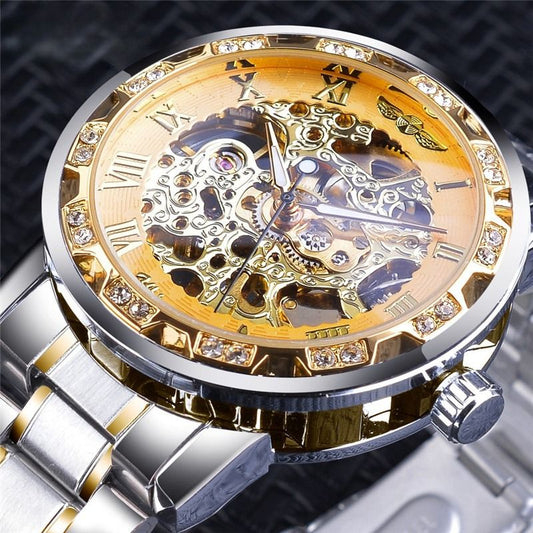 Fashion Casual Skeleton Mechanical Watch with Rhinestones, Gold Roman Numerals, and Exposed Movement, Reflecting Classic Elegance.