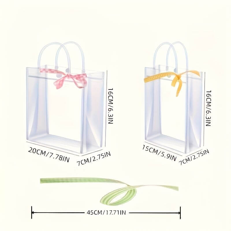 Reusable PVC Holiday Organizing Gift Bags with dimensions and ribbon options displayed