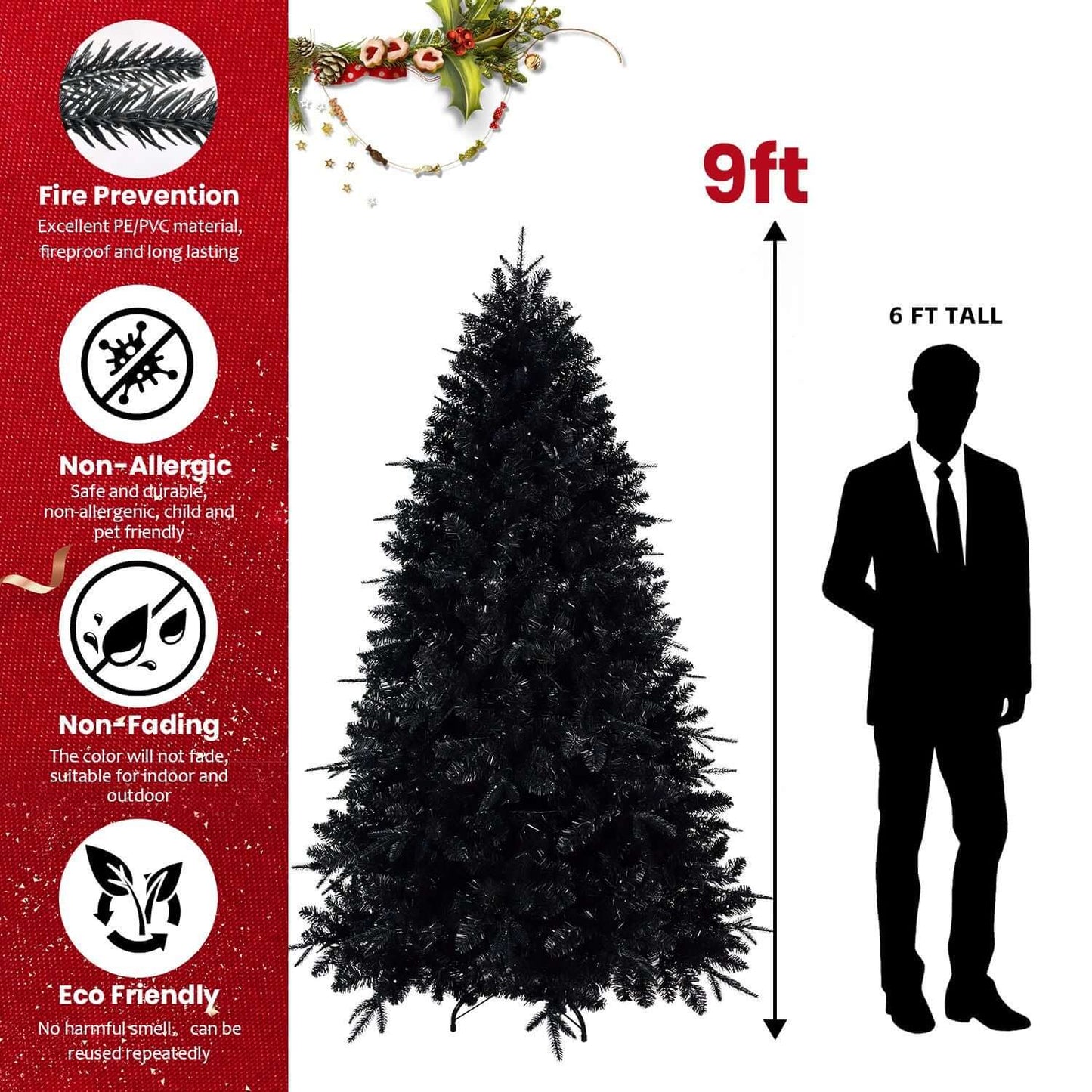 Black Christmas Tree with White LED Lights, 9ft tall, fireproof, non-allergic, eco-friendly holiday decor compared to 6ft person