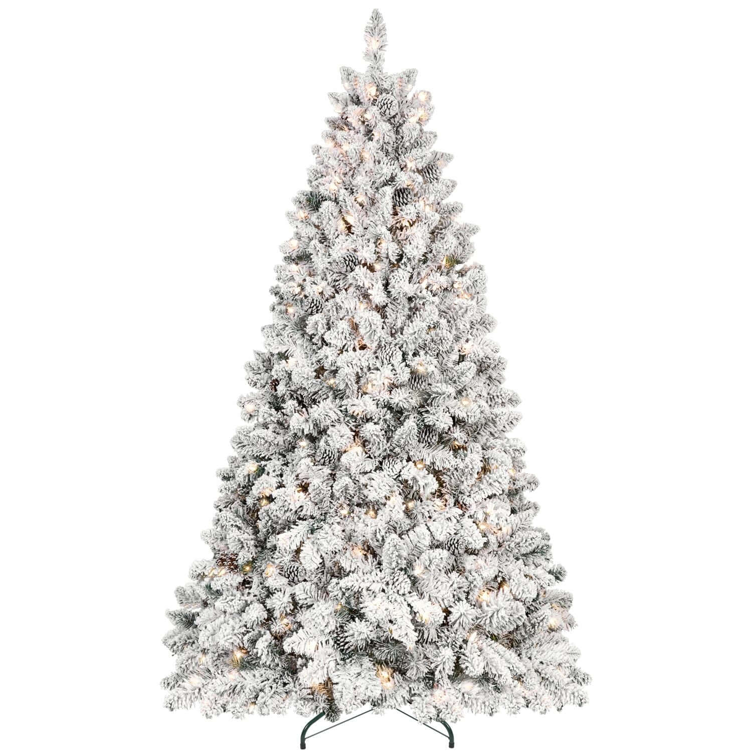 Flocked Christmas Tree with Lights, 7ft pre-lit pine tree with snow dusting, 500 UL lights, and natural pine cones.