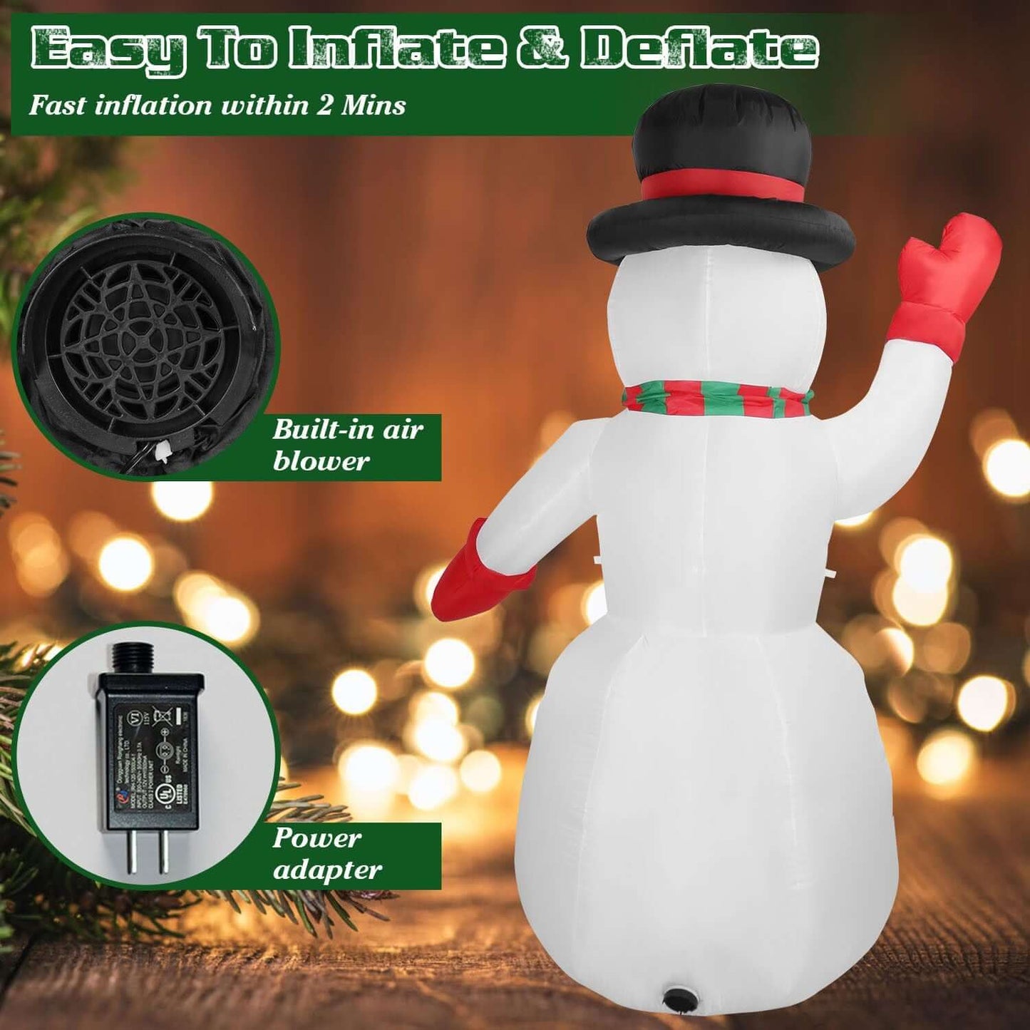 Back view of Christmas Inflatable Giant Snowman with built-in air blower and power adapter, ready to light up your yard.