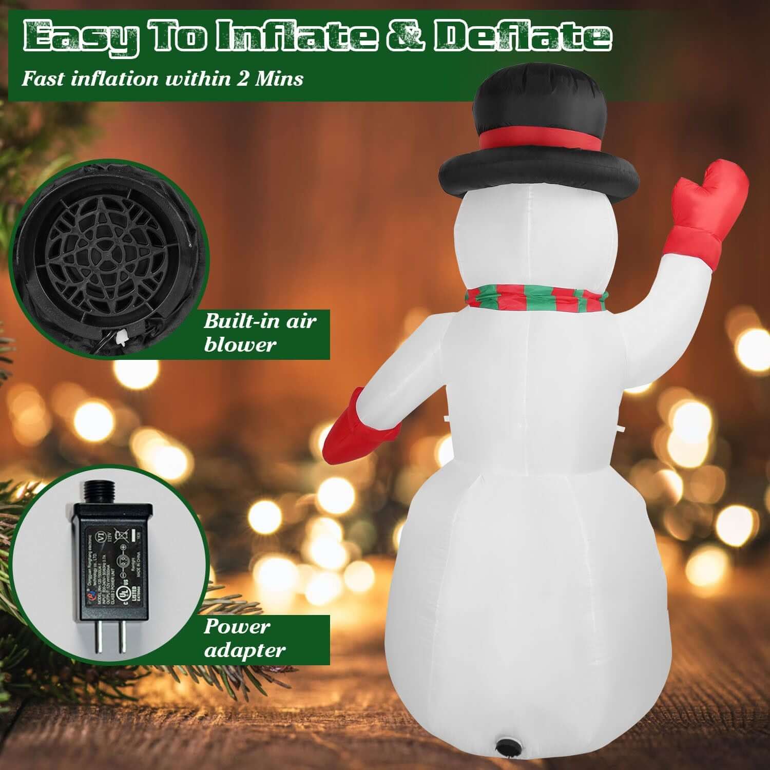Back view of Christmas Inflatable Giant Snowman with built-in air blower and power adapter, ready to light up your yard.