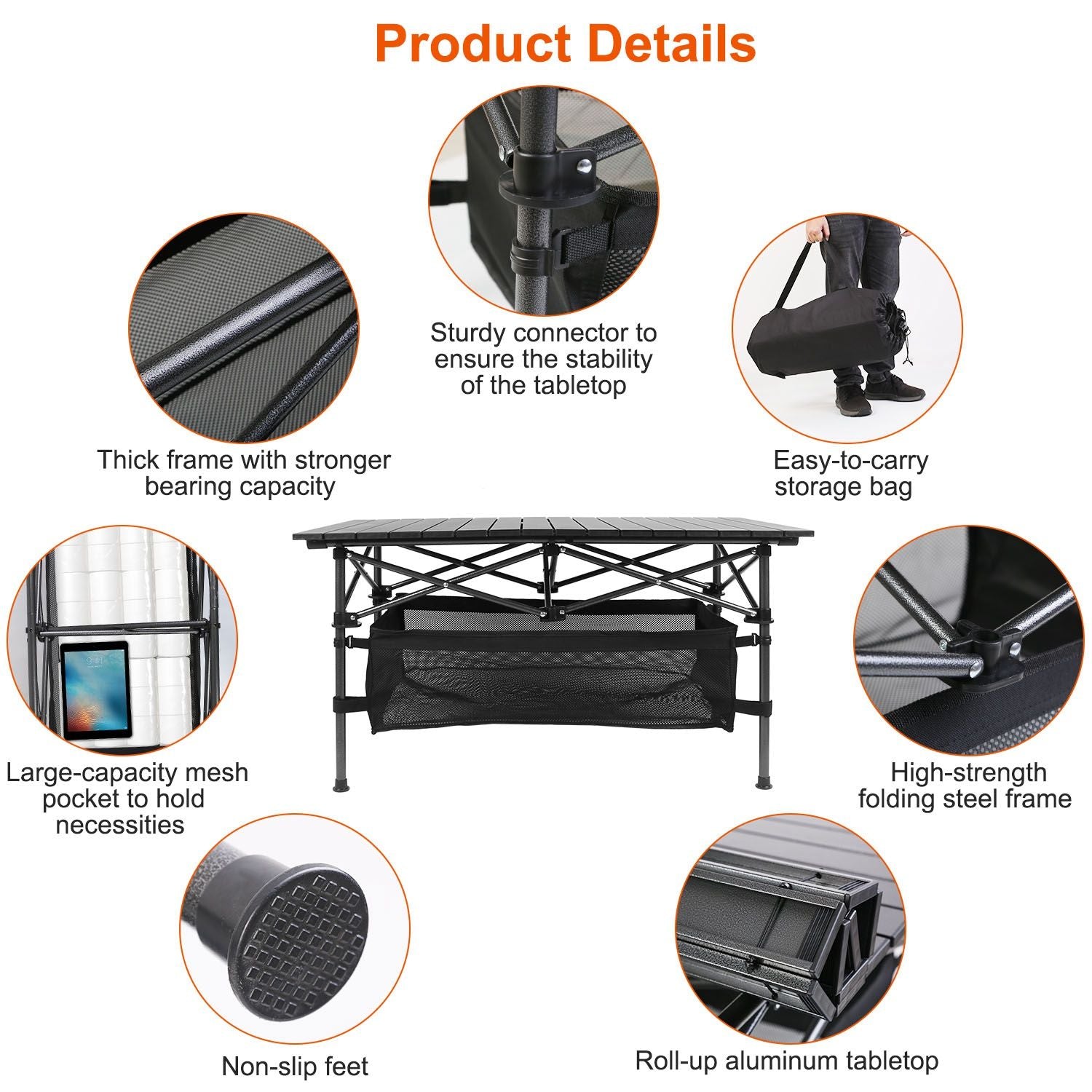 Folding camping table with aluminum roll-up top, collapsible frame, storage mesh, and carrying bag. Features easy assembly and heavy-duty design.