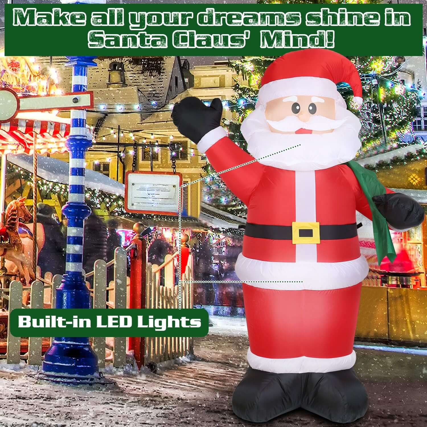 6.4ft Inflatable Christmas Giant Santa Claus with green gift bag and LED lights in festive outdoor setting.