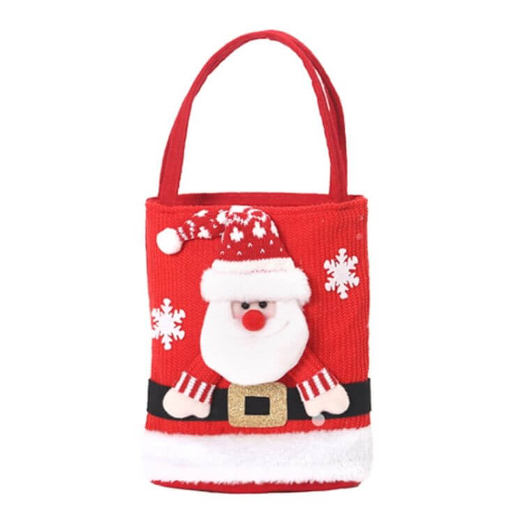 Red Christmas Candy Tote Bag for Kids with Santa design, perfect for holiday treats and gifts, featuring snowflakes and festive colors.