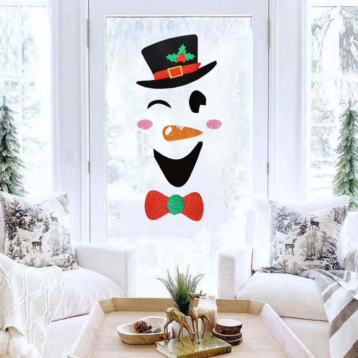 Festive snowman design from Christmas Door Stickers on a glass door, adding holiday cheer to a cozy living room with decorative pillows.